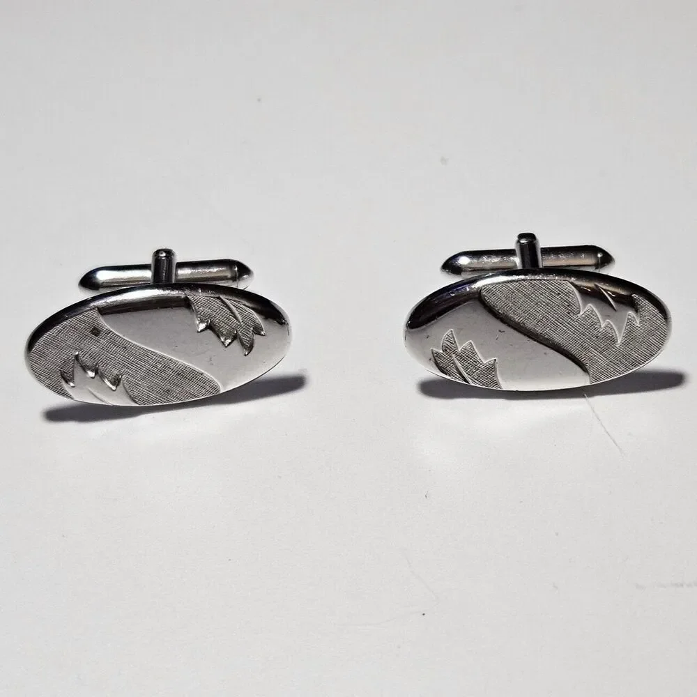 Vintage Swank Silver Tone Oval Textured Leaf Design Cufflinks